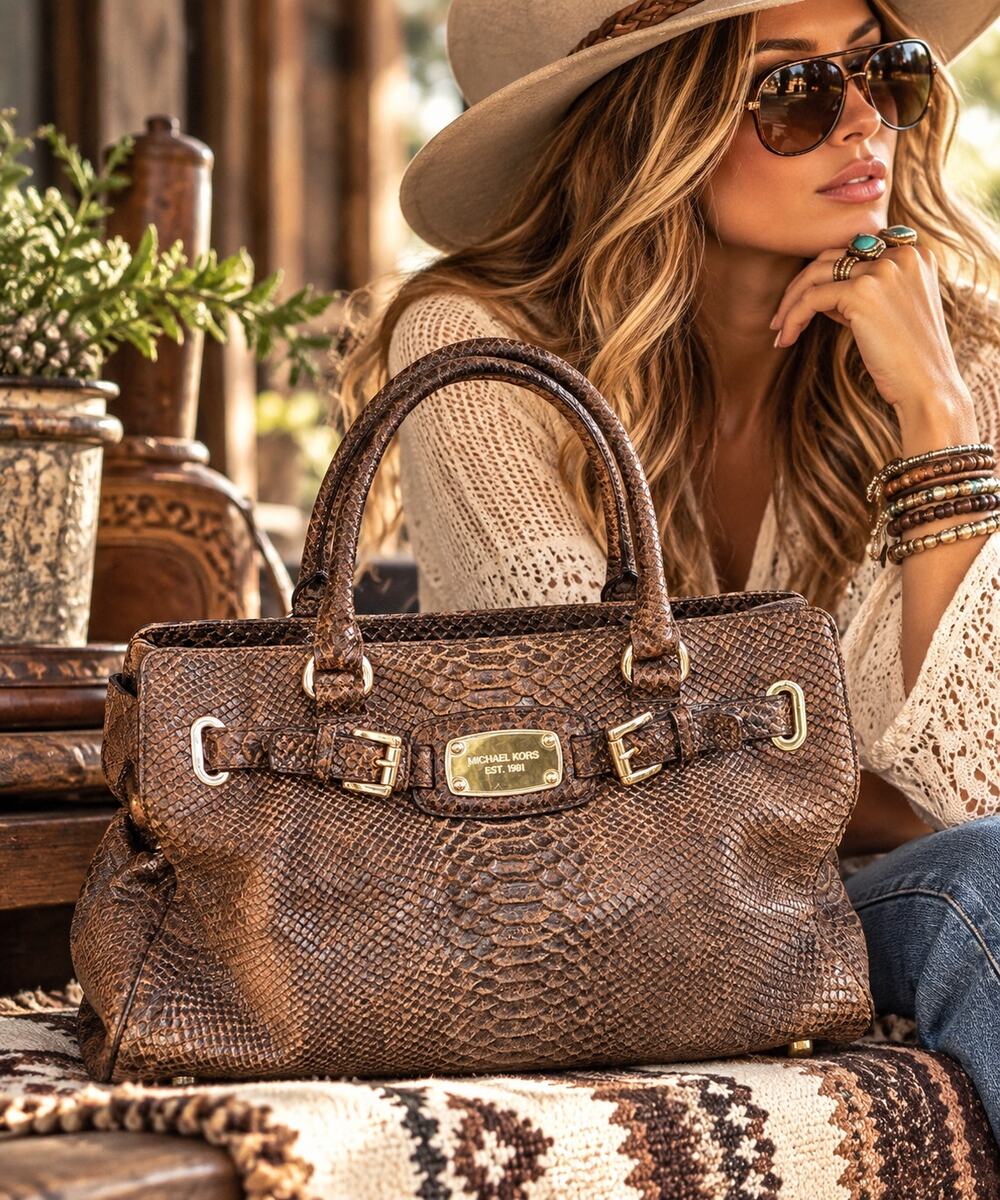 Michael Kors Brown Snake Embossed Leather Satchel Gold Hardware Large Bag